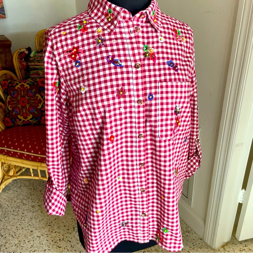 Anthropologie Red Checkered Blouse with Floral Embroidery